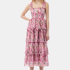 Ganni Pink Floral Tiered Midi Dress